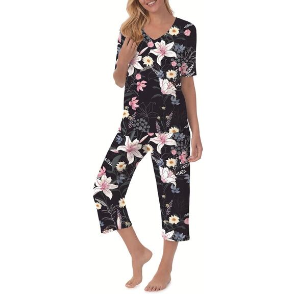 Womens Pajama Sets V-Neck Short Sleeve Top and Capri Pants with Pockets - Picture 1 of 5